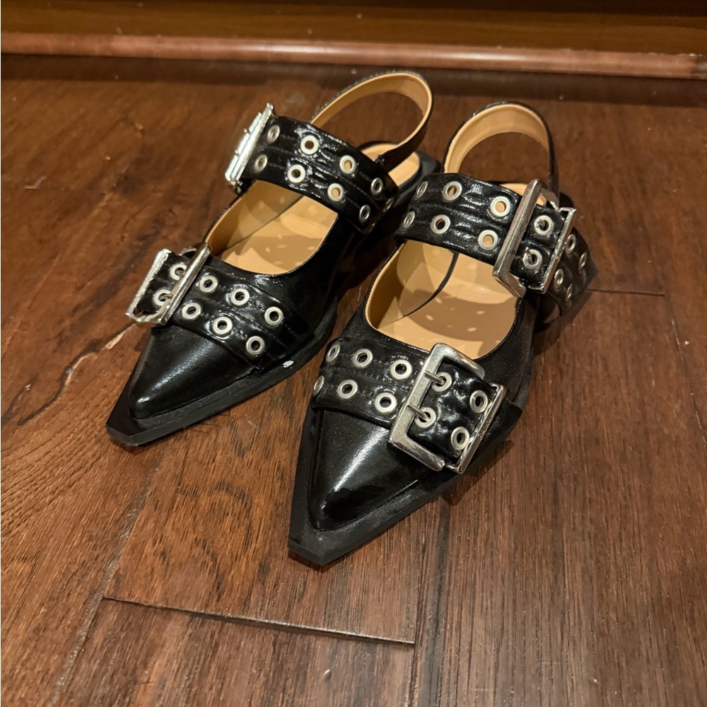 Ganni Black Pointed Buckle Eyelet Slingback Flats